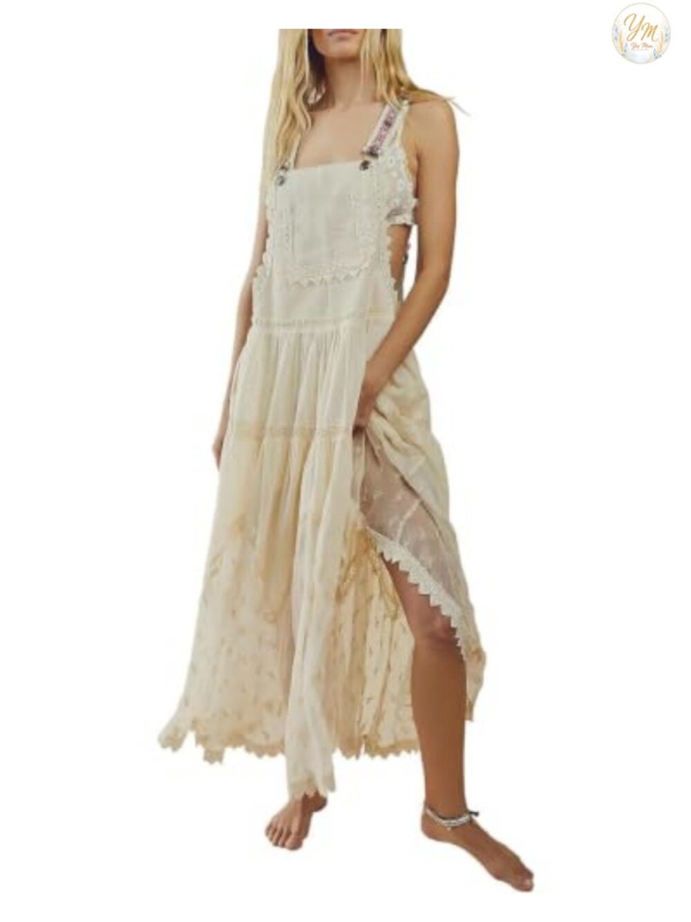 Laced Embroidered Tulle Bib Dress - Bohemian Loose Maxi Beach Dress